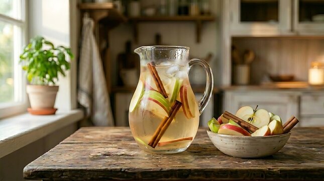Minuman air infus apel dan kayu manis di dalam teko kaca melambangkan kehangatan nutrisi dan keseimbangan metabolisme