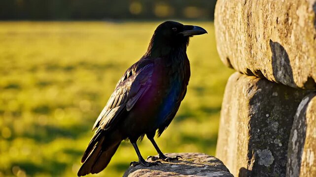 Spectacular 4k cinematic view of a solitary black bird perched on the ancient Stonehenge lintel, bathed in the dramatic, warm golden hour glow, conveying profound historical