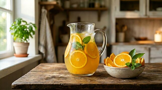 Teko kaca berisi jus jeruk segar dan daun mint di meja dapur melambangkan gaya hidup sehat modern