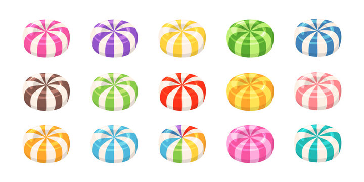 Hard sugar candies with striped pattern variety colors. Set of 3d icons of colorful peppermint bonbon sweets. Cute round candies with yellow, red, pink and blue stripes, vector illustration