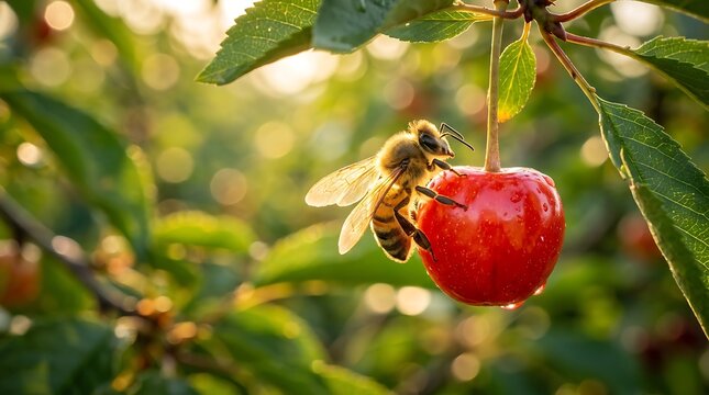 Lebah madu pekerja mengumpulkan nektar dari buah ceri merah segar berembun melambangkan keseimbangan ekologi alam dan pertanian berkelanjutan