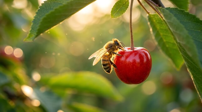 Seekor lebah madu hinggap di atas buah ceri merah matang di cabang pohon melambangkan keindahan ekosistem alam harmonis