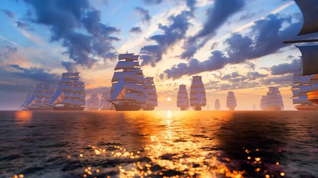 A vast fleet of sailboats sailed into the distance on the sea