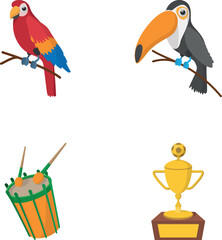 Fototapeta premium Brazilian culture symbols collection including parrot, toucan, drum, and soccer trophy
