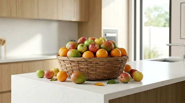 Beragam buah apel dan jeruk dalam keranjang di meja dapur melambangkan kelimpahan nutrisi keluarga sehat