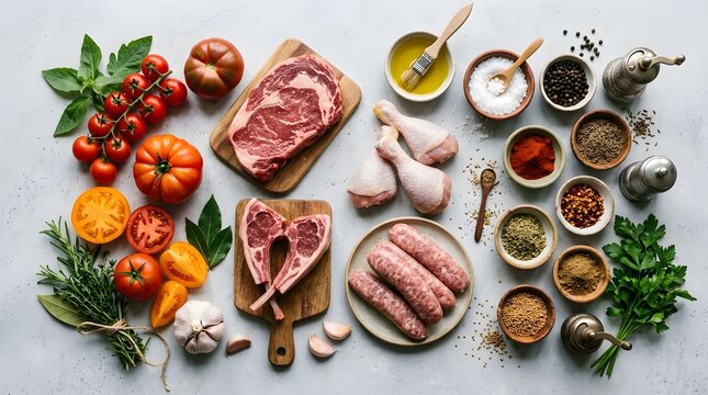 Delicious Assortment of Fresh Meats, Vegetables, and Spices for Culinary Creations.