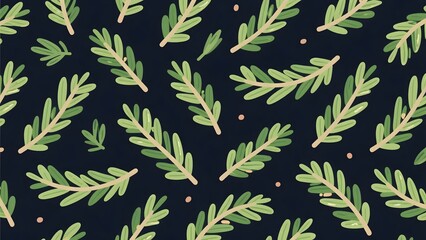 Fototapeta premium Seamless Cartoon Rosemary Sprigs Pattern on Dark Background Culinary Herb Texture
