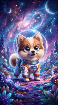 Adorable Pomeranian dog in astronaut suit exploring colorful alien planet with nebula and planets in background