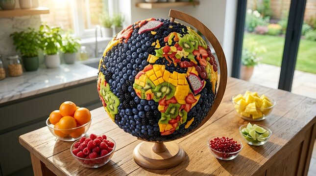 Globe bumi dari potongan buah utuh dikelilingi mangkuk buah segar melambangkan kelimpahan panen dunia dan pentingnya gizi seimbang