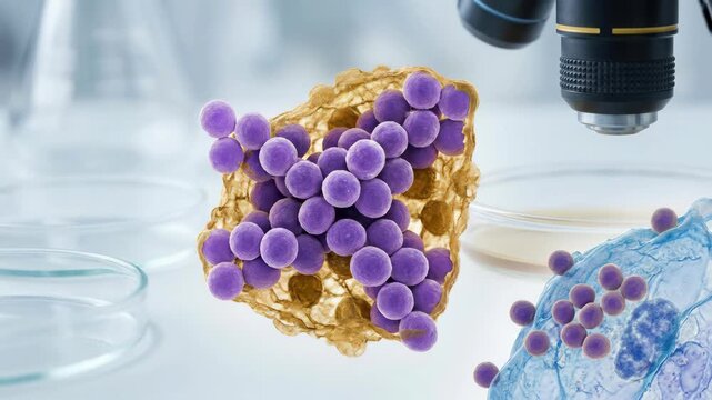 Bacterial cell display: Staphylococcus microbe, grape cluster, infection pathogen, cellular growth, microscope observe, medical science, disease cause, organism replicate.