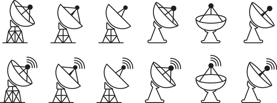 Satellite dish icon set, black vector collection of communication antenna group in line style, radar signal transmitter receiver symbols, wireless broadcast network elements bundle