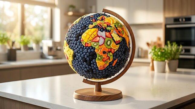 Globe dunia terbuat dari ragam buah segar di atas meja dapur melambangkan kekayaan hasil bumi dan kesehatan global