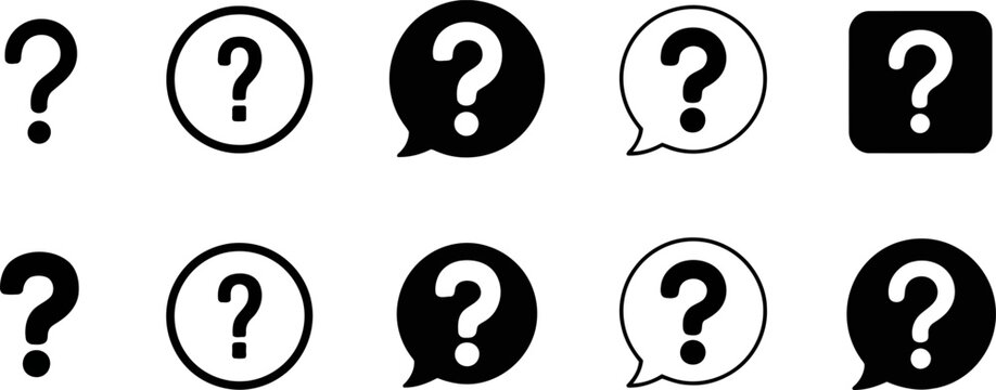 A set of 10 black and white question mark icons 