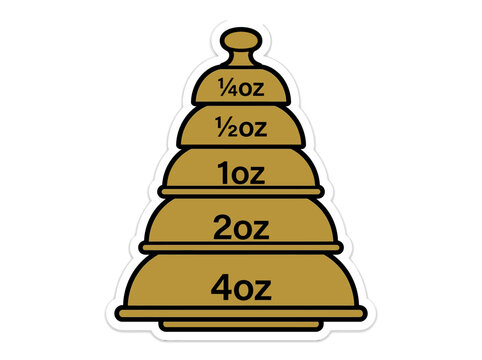 A graphic illustration of a stack of measuring cups with ounce measurements on a white background.