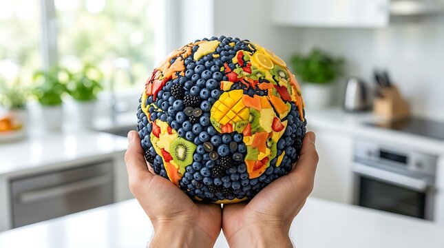 Tangan manusia memegang globe dunia dari susunan buah segar melambangkan pentingnya pelestarian lingkungan dan ketahanan pangan global berkelanjutan