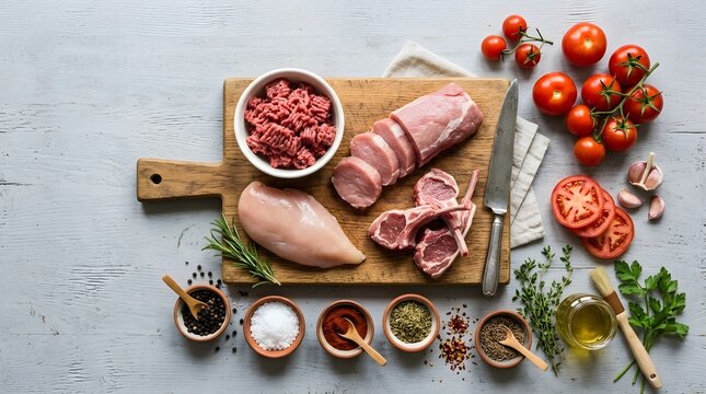 Freshly Prepared Raw Meats and Vegetables on a Wooden Cutting Board for Culinary Preparation.