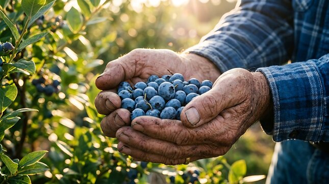 Sepasang tangan petani tua menyajikan tumpukan buah blueberry biru segar berlatar kebun melambangkan dedikasi pada pertanian organik berkelanjutan
