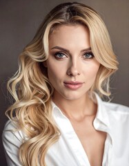 Fototapeta premium A blonde woman with long wavy hair and a white shirt looks directly at the camera