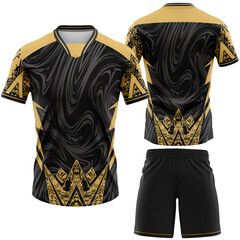 Sports Jersey and Shorts Mockup Featuring a Dynamic Black and Gold Design with Intricate Tribal Patterns Ideal for Team Uniforms and E sports Apparel © Mulkan
