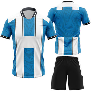 Soccer Uniform Design Featuring a Dynamic Blue and White Striped Jersey with an Abstract Swirl Pattern Paired with Black Athletic Shorts Ideal for Team Apparel Branding