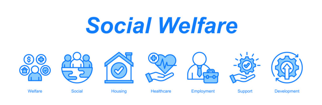 Social Welfare web banner icon concept for with icon of Welfare, Social, Housing, Healthcare, Employment, Support, Development.