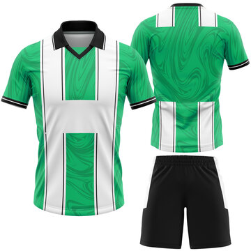 Soccer Team Kit Featuring a Green and White Striped Jersey with a Dynamic Swirl Pattern and Black Shorts for Custom Design Mockups