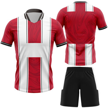 Jersey Mockup of a Red and White Striped Soccer Uniform with Black Shorts for Team Sportswear Design and Presentation