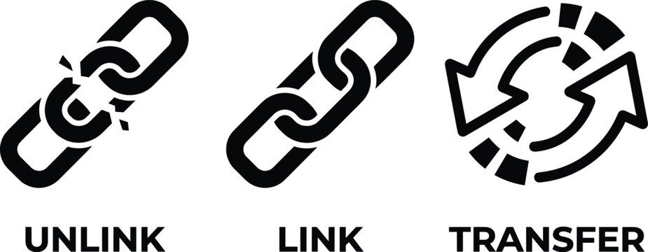 Unlink Link and Data Transfer Icon Set with Broken Chain Connected Metal Links and Sync Arrow Symbols for Website Interactivity and UI Design