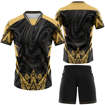 Sports Jersey and Shorts Mockup Featuring a Dynamic Black and Gold Design with Intricate Tribal Patterns Ideal for Team Uniforms and E sports Apparel