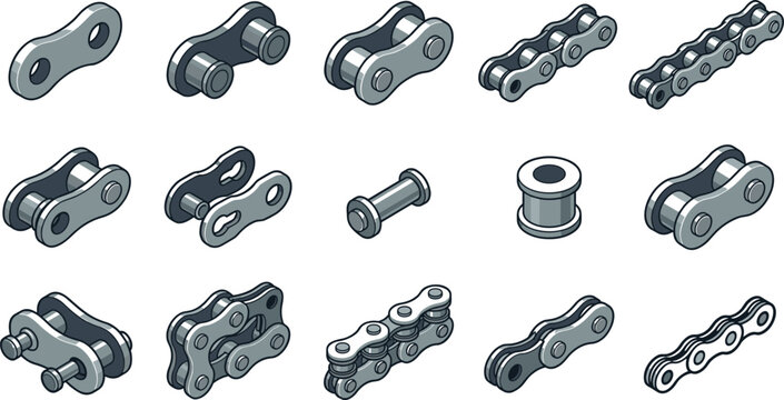 Isometric Bicycle Roller Chain Link Icon Set with Motorcycle Drive Chains, Metal Links, Master Links, and Mechanical Parts for Engineering and Repair Graphics