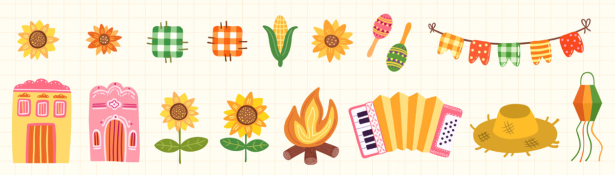 Cute Festa Junina Vector Set with Sunflower, Straw Hat, Bunting, Accordion, Corn, Brazilian Festival Illustrations