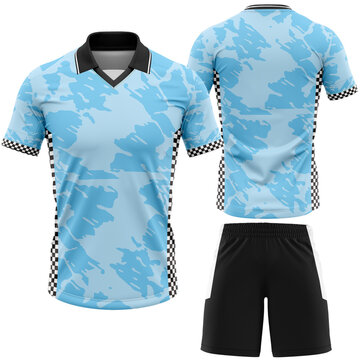 Jersey Sports Uniform with Unique Light and Dark Blue Abstract Pattern Black Collar Checkered Sleeves and Side Panels Perfect for Team Apparel Design