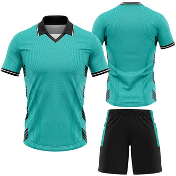 Soccer Jersey and Shorts Mockup Displaying a Customizable Teal and Black Athletic Uniform Kit with Unique Patterns for Professional Team Branding