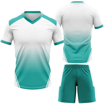 Athletic White and Teal Sports Uniform Set Featuring a Gradient Jersey and Matching Shorts for Team Wear Design