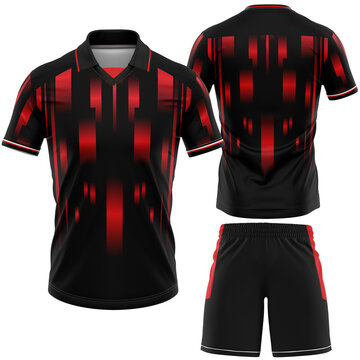 Sports Jersey and Shorts Uniform Mockup for Team Apparel Design Featuring a Dynamic Black and Red Striped Pattern Ideal for Athletic Wear Branding Presentation