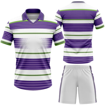 Athletic Purple and Green Striped Sports Uniform Set Featuring a Polo T shirt with a V neck Collar and White Shorts Ideal for Team Apparel Branding