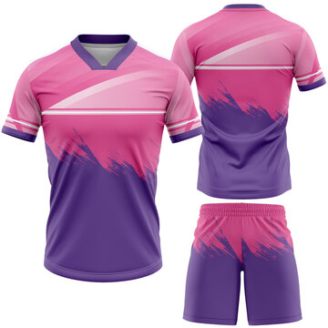 Sports Jersey and Shorts Mockup Featuring a Vibrant Pink and Purple Design with Dynamic Brushstrokes and Horizontal Stripes Perfect for Athletic Team Uniforms or Activewear