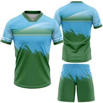 Jersey Sports Uniform Template in Vibrant Blue and Green Colors with a Dynamic Brushstroke Design Perfect for Team Athletic Apparel and Custom Sportswear Presentation