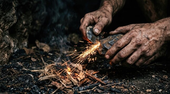 Dirty hands of a prehistoric man striking flint stones together to create bright sparks for lighting a dry tinder fire