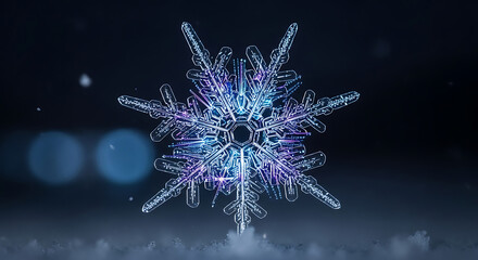 Obraz premium A stunningly intricate and glowing snowflake with blue and purple hues, set against a dark, ethereal background with soft bokeh lights and a misty foreground.