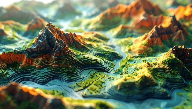 A 3D rendered landscape of rolling hills and mountains with layered terrain