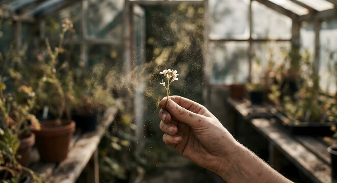 Mano sucia de jardinero sosteniendo una flor delicada que libera polen dorado en un invernadero r&uacute;stico, concepto de polinizaci&oacute;n y primavera