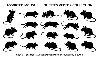 Fototapeta premium Rodent mouse silhouette vector assortment featuring animal wildlife icons isolated on white background