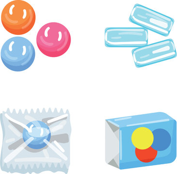 Various forms of chewing gum and candy packaging displaying different shapes and colors