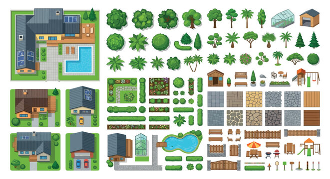 landscape design elements flat vector house pool