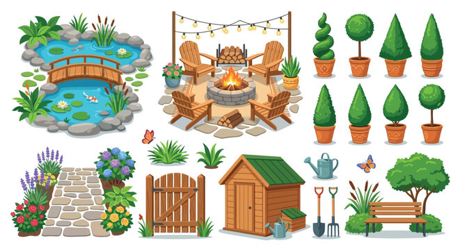 garden elements vector illustration pond bridge fire
