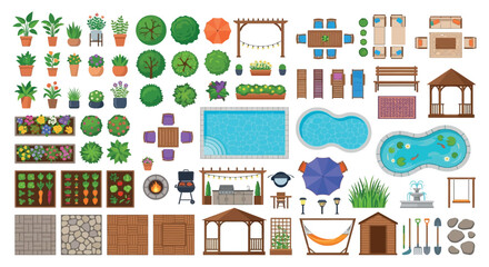garden elements flat vector plants pools furniture © Sumon