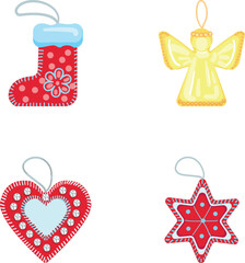 Obraz premium Christmas ornaments with a stocking, angel, heart, and star shapes on a white background