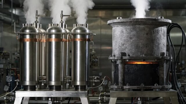 Medium shot capturing a pilot cell setup comparing inert anode cells with conventional pots focusing on distinct cell designs and operational contrasts in an industrial lab