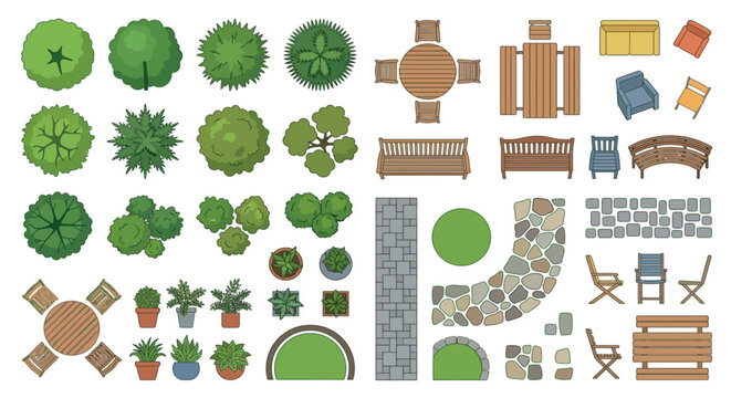 garden elements flat icon set trees plants
